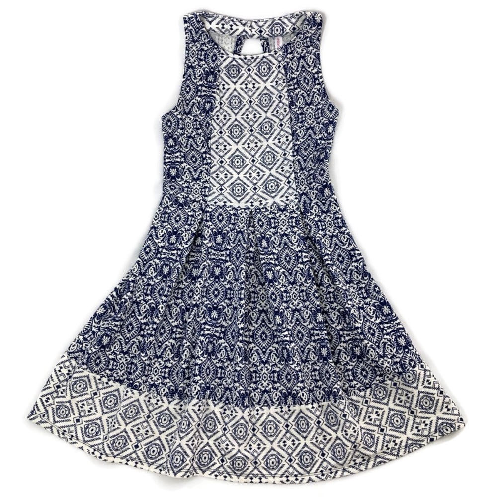 Xhilaration Blue White Damask Pattern A Line Sleeveless Box Pleat Dress Size XS